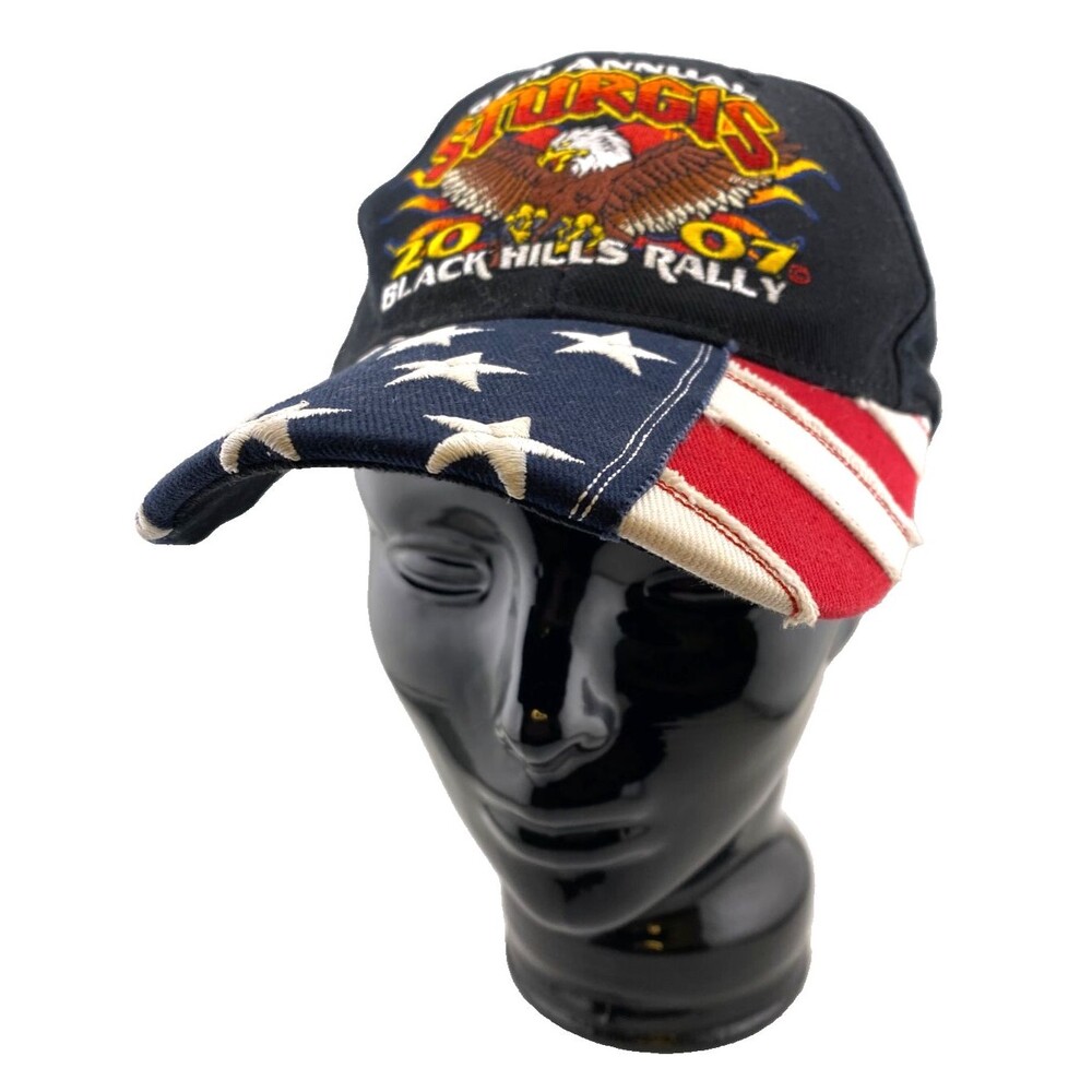 2007 Sturgis Black Hills Rally Hat Cap Strapback Biker USA Flag Patriotic Eagle